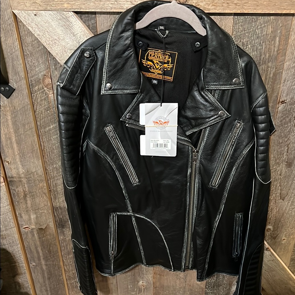 Black Leather Biker Jacket with Notched Lapel and Diagonal Zipper